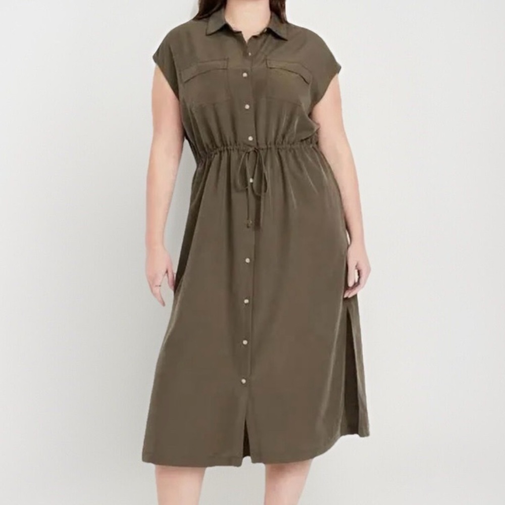 Old Navy-Olive Green Waist-Defined Utility Midi Shirt Dress - Size M